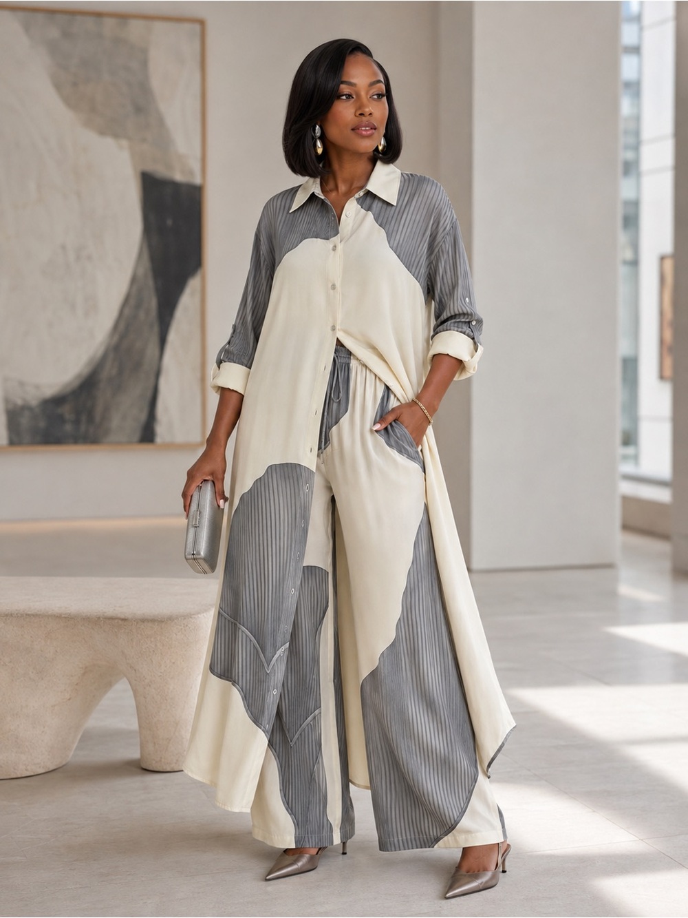 Ivory Gray Abstract Leaf Longline Shirt Wide-Leg Pants Set - Picture 2 of 8